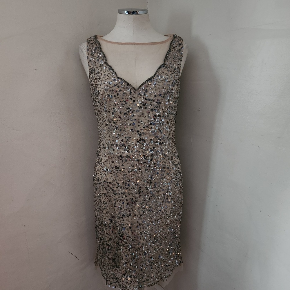Boutique‎ Embellished Sequin Sheath Dress V Neck Sleeveless Cocktail Party Sz 10